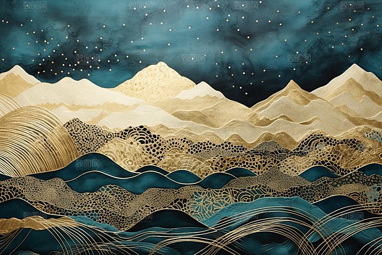 金色山水质感剪影装饰画