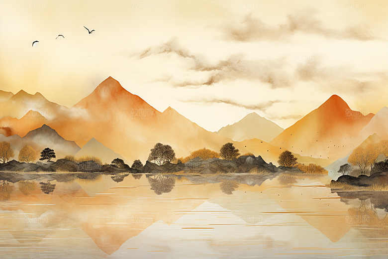 金色山水中国风抽象装饰画