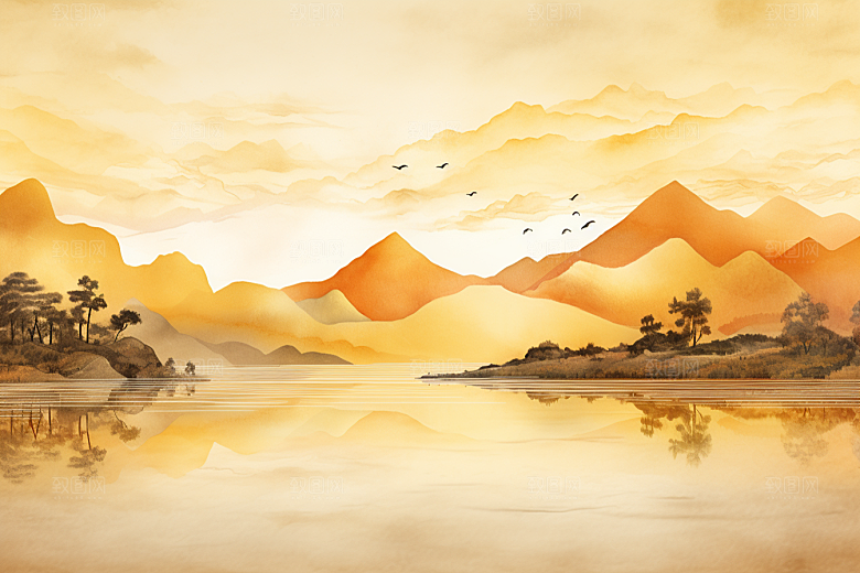 金色山水中国风背景装饰画