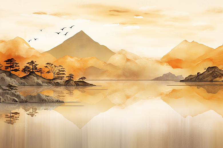 金色山水背景金箔装饰画