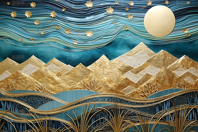 金色山水新中式剪影装饰画