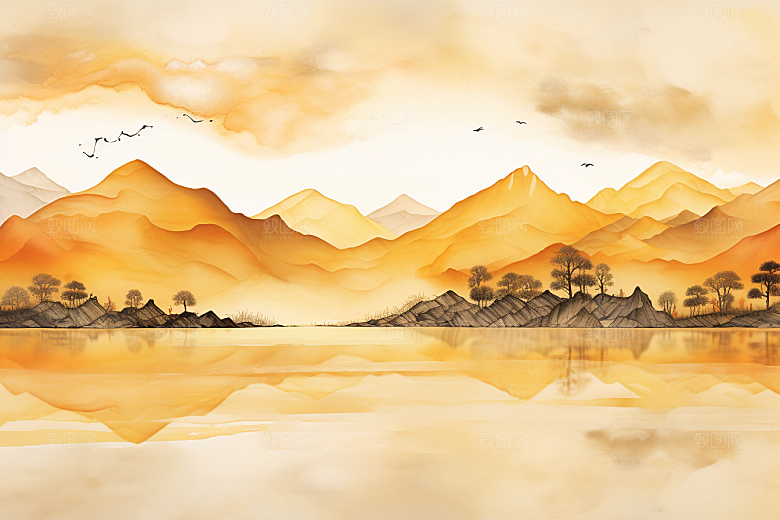 金色山水质感水墨装饰画