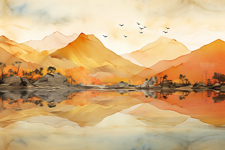 金色山水水墨质感装饰画