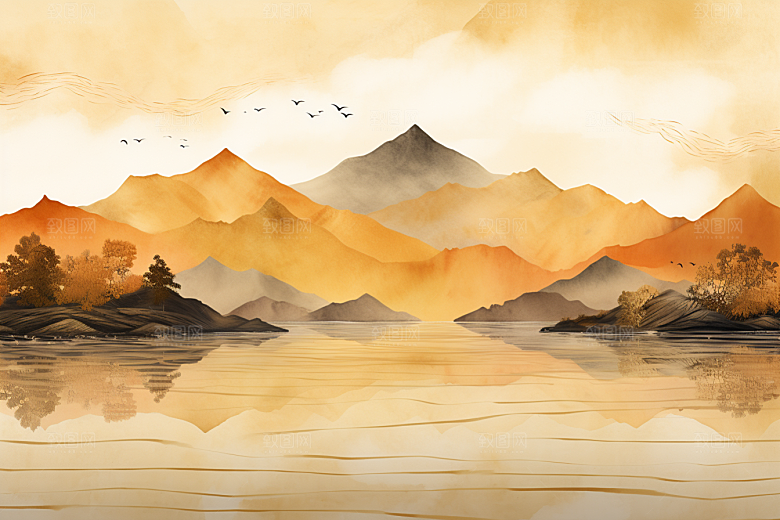 金色山水背景水墨装饰画