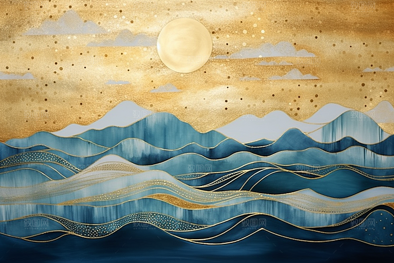 金色山水剪影质感装饰画
