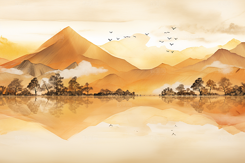 金色山水高档抽象装饰画