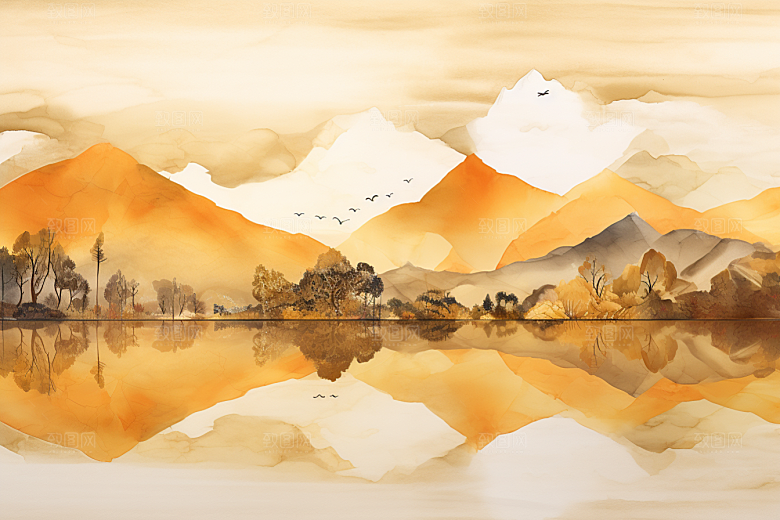 金色山水国潮水墨装饰画