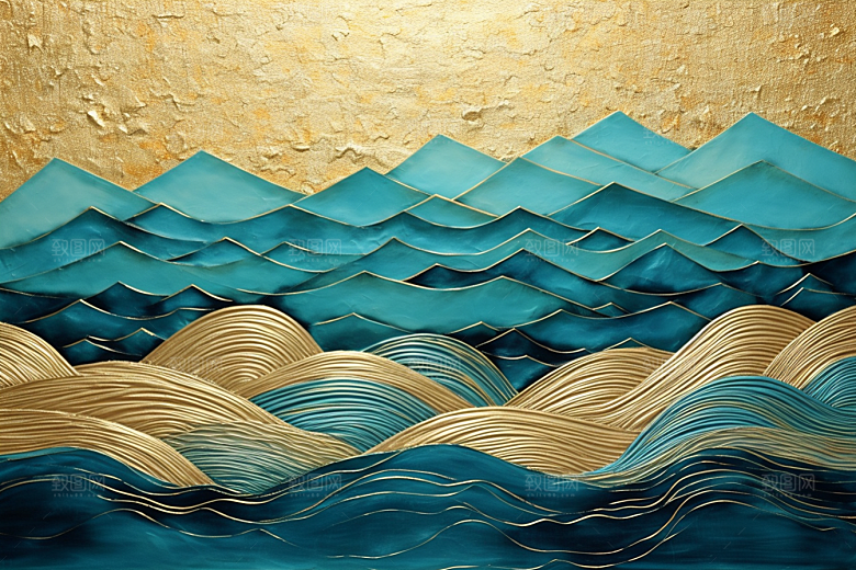 金色山水剪影中国风装饰画