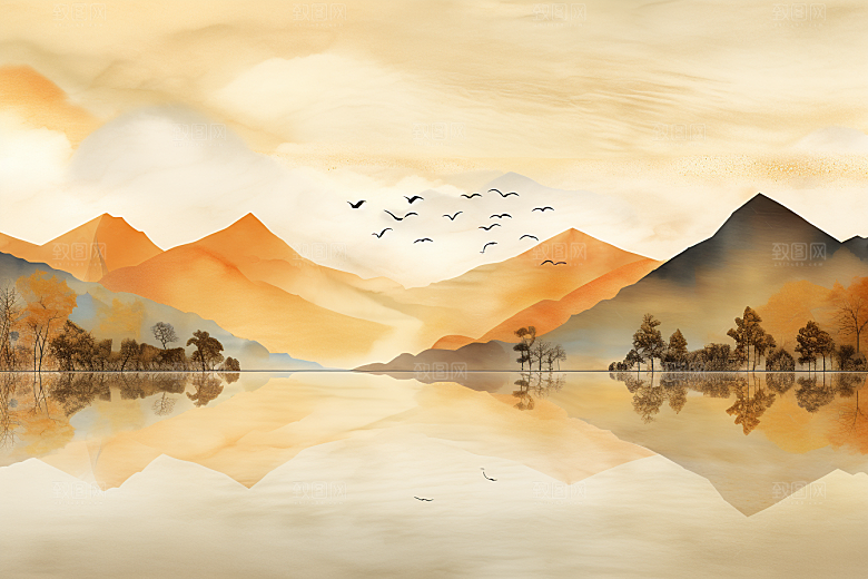 金色山水背景中国风装饰画