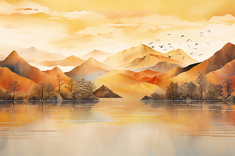 金色山水高档剪影装饰画