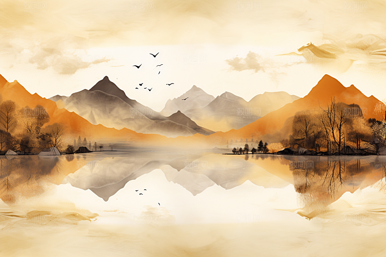 金色山水剪影背景装饰画