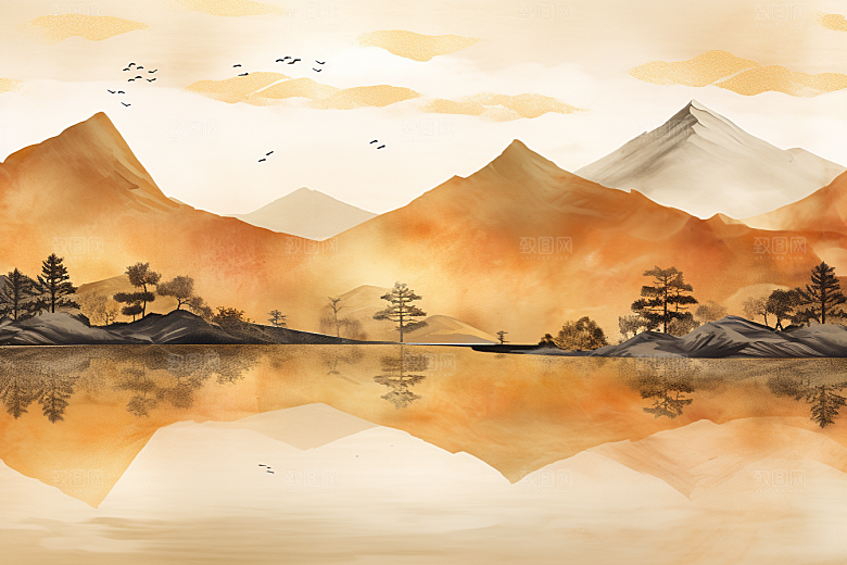 金色山水高档抽象装饰画