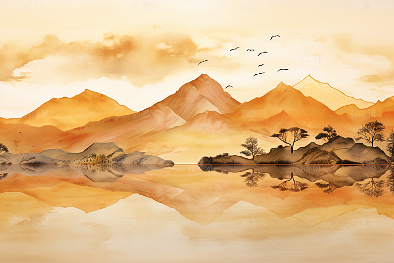 金色山水水墨质感装饰画