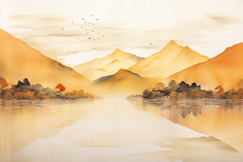 金色山水剪影质感装饰画