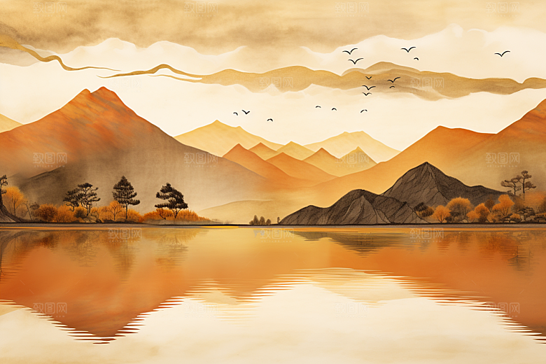 金色山水国潮大气装饰画