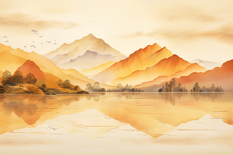 金色山水水墨中国风装饰画
