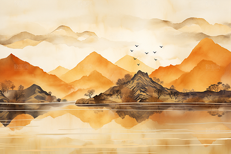 金色山水背景水墨装饰画