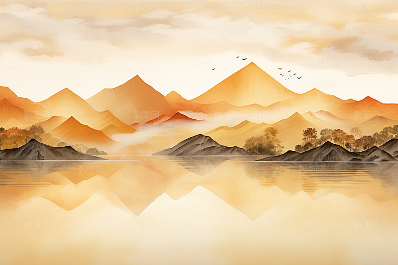 金色山水高档剪影装饰画