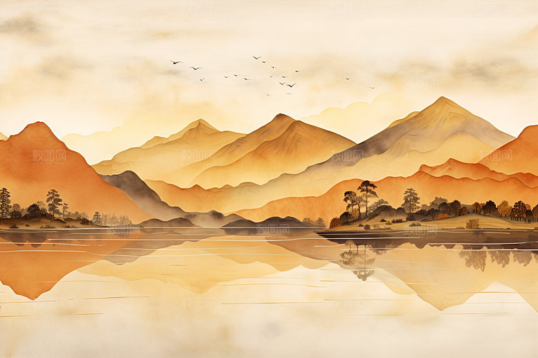 金色山水新中式背景装饰画