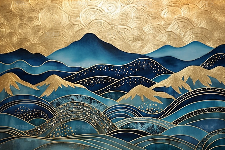 金色山水抽象国潮装饰画