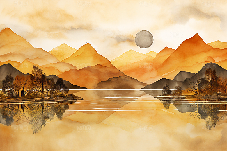 金色山水质感水墨装饰画