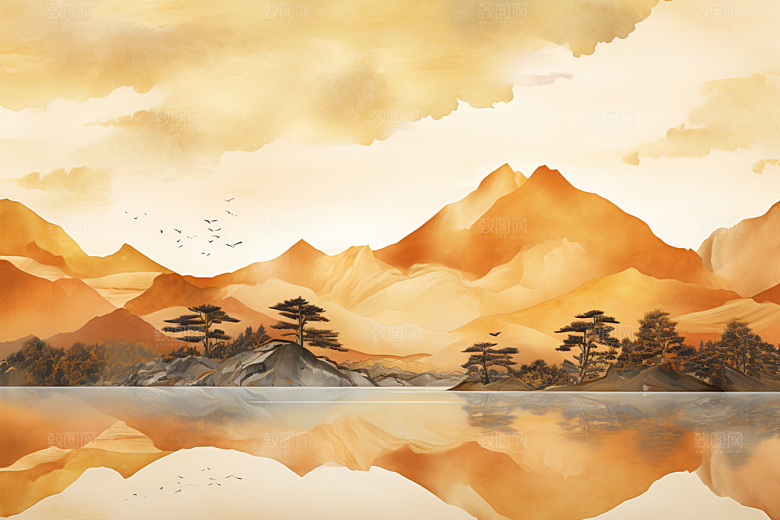 金色山水国潮质感装饰画