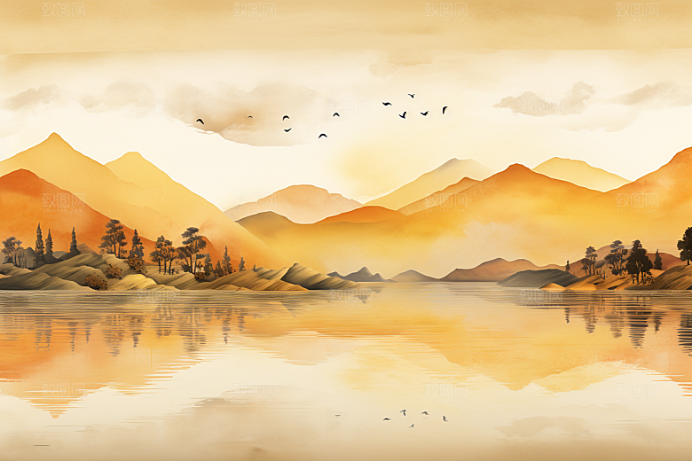 金色山水水墨背景装饰画