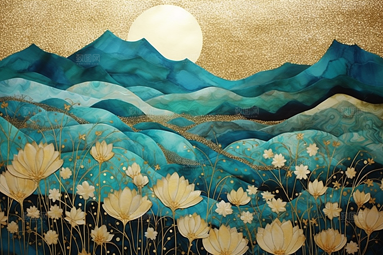 金色山水背景水墨装饰画