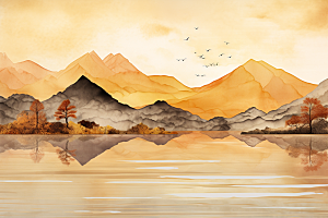 金色山水新中式背景装饰画