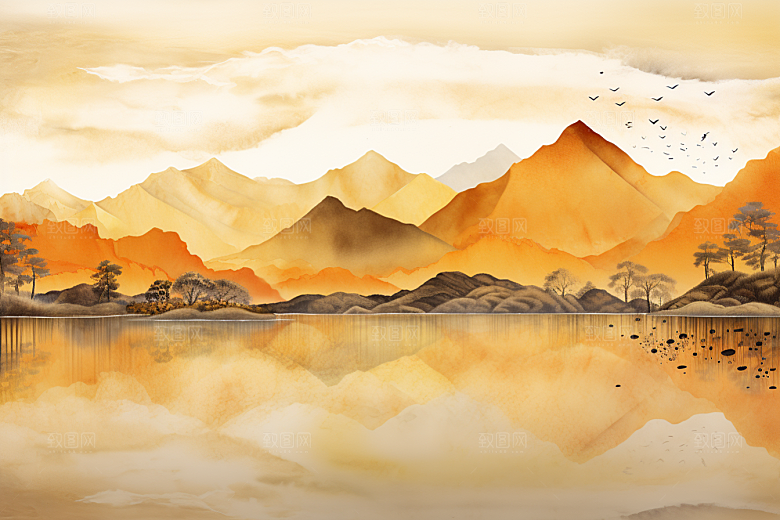 金色山水水墨高档装饰画