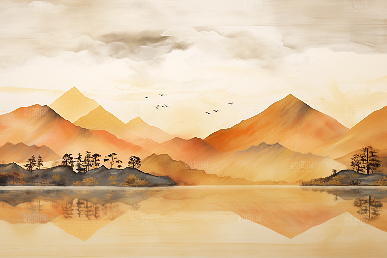 金色山水质感背景装饰画