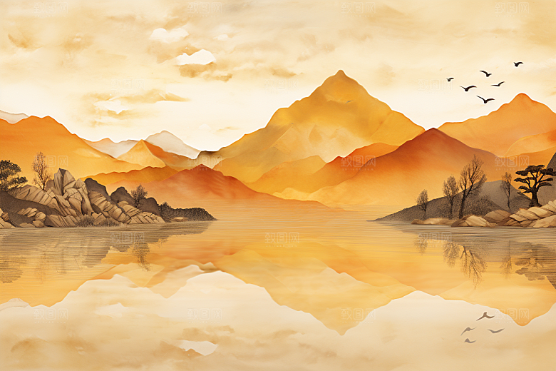 金色山水水墨抽象装饰画