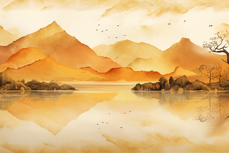 金色山水抽象水墨装饰画