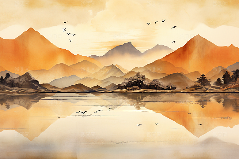 金色山水中国风水墨装饰画
