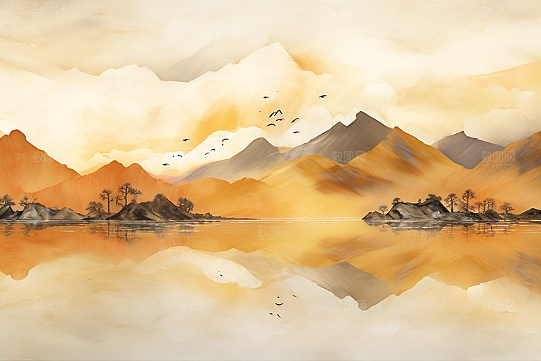 金色山水水墨质感装饰画