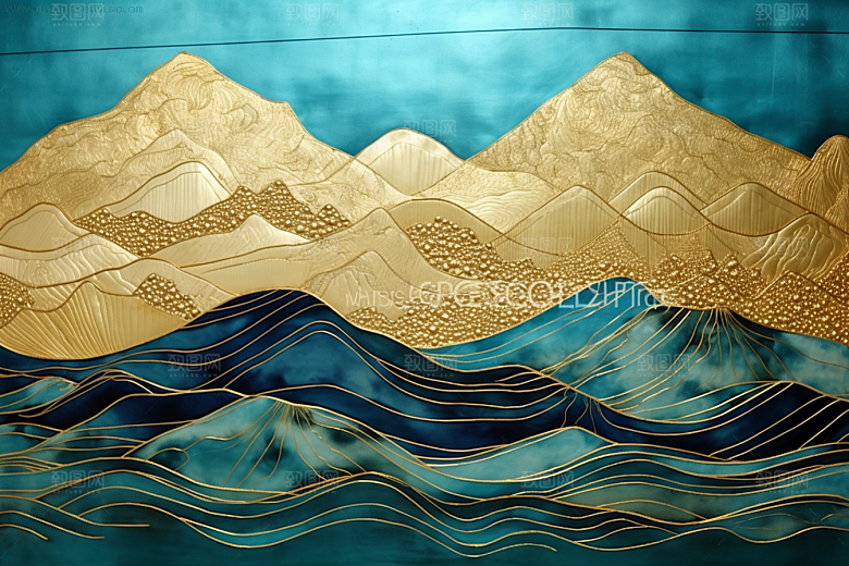 金色山水大气国潮装饰画