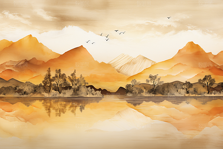 金色山水质感剪影装饰画