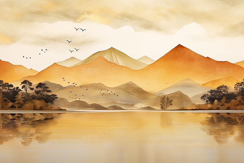 金色山水剪影高档装饰画