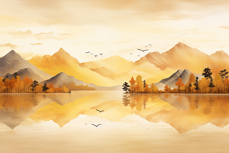 金色山水背景水墨装饰画