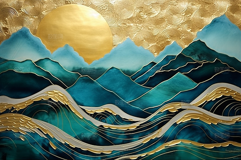 金色山水抽象国潮装饰画