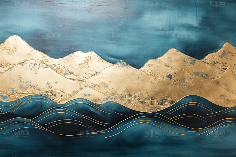 金色山水剪影新中式装饰画