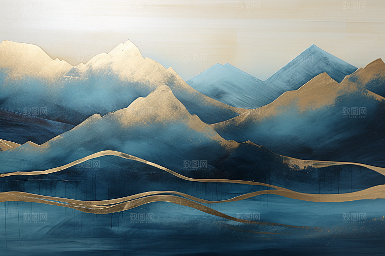 金色山水大气剪影装饰画