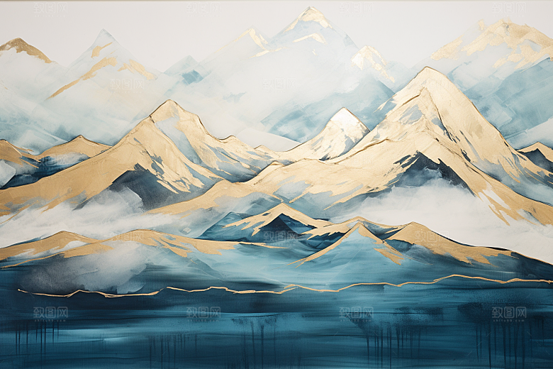 金色山水国潮背景装饰画