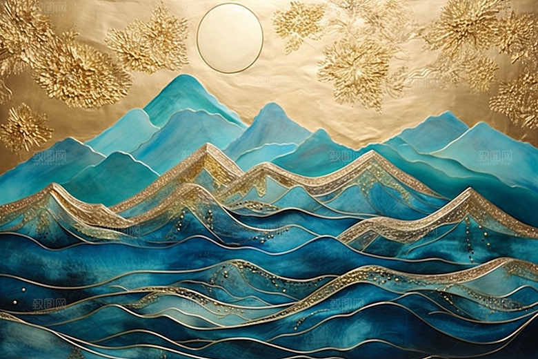 金色山水抽象新中式装饰画
