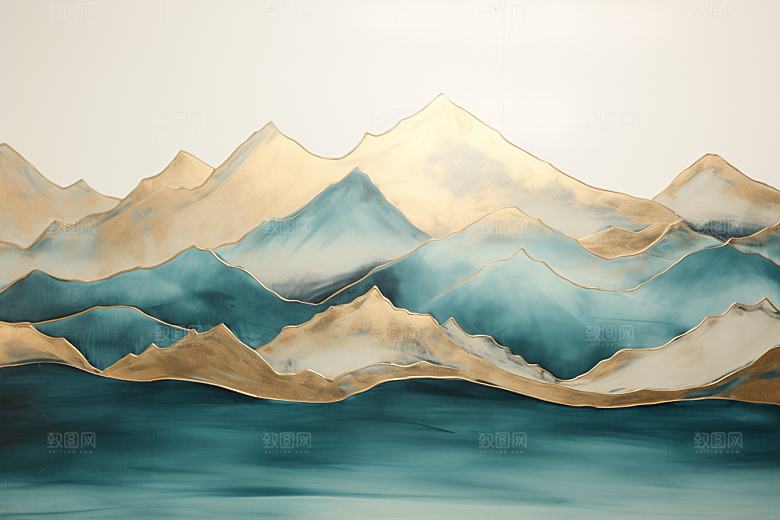 金色山水国潮水墨装饰画