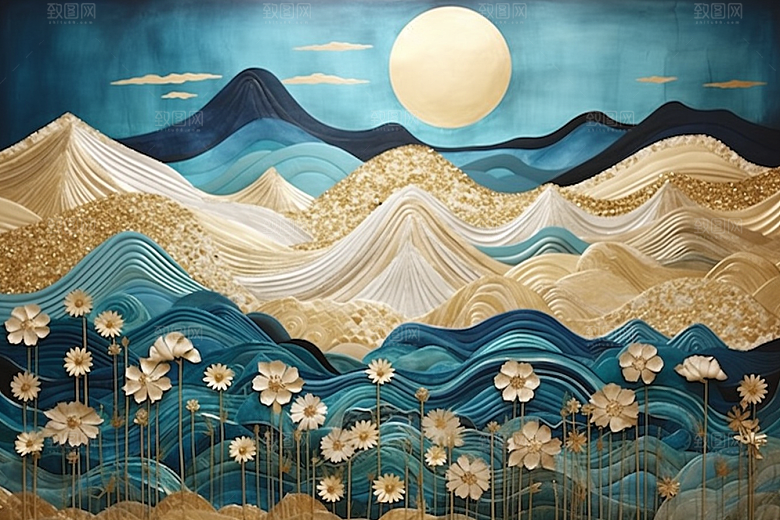 金色山水金箔质感装饰画
