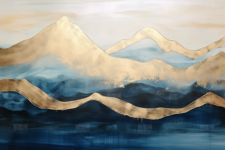 金色山水抽象剪影装饰画