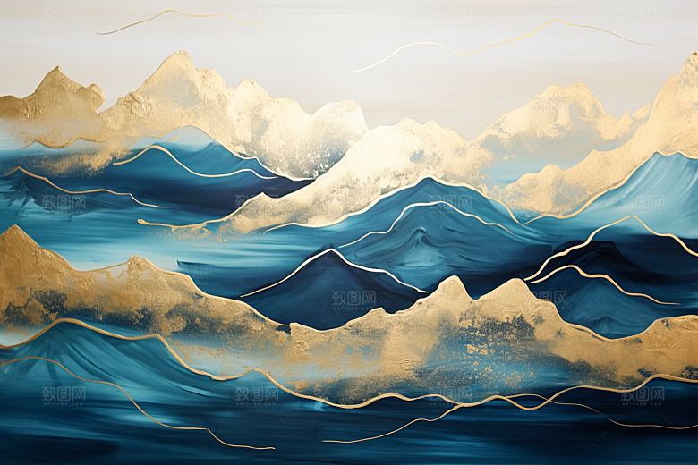 金色山水剪影中国风装饰画
