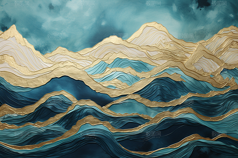 金色山水中国风剪影装饰画