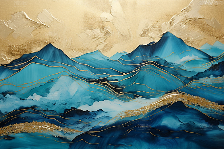 金色山水抽象国潮装饰画